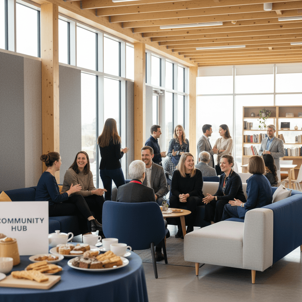 Community members engaging in professional gathering space